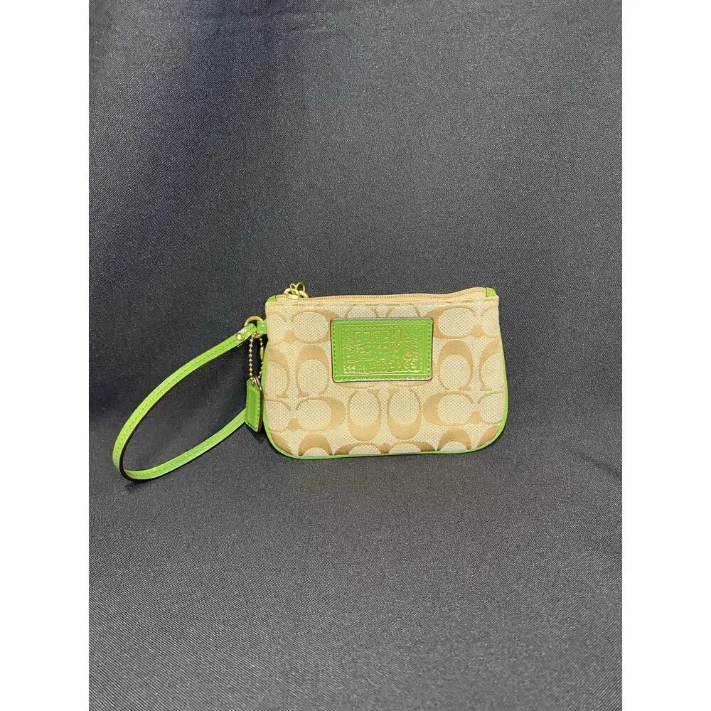 COACH SIGNATURE WRISTLET Grass Khaki Canvas Zip Pouch Wallet 6.5 Inch